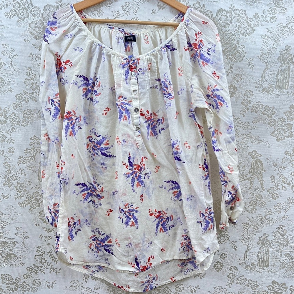 F&F Peasant Top Blouse Cottagecore Floral Print Cotton Long Sleeve Henley 12